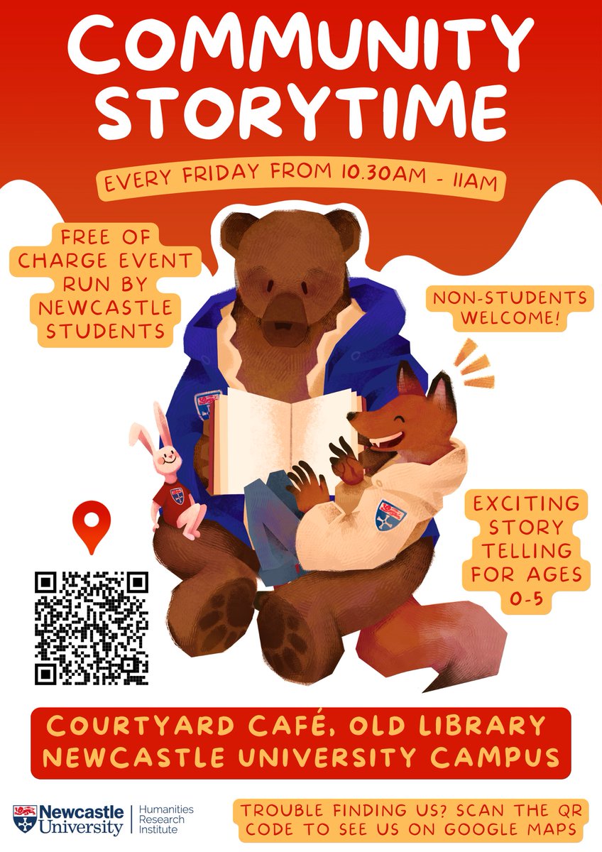 HaSSFacultyNCL's tweet photo. Did you know that our students from @NCL_English @NCL_LangLing run a FREE community story time for children ages 0-5? 
The sessions run every Friday during term time in the Courtyard Cafe, right in the centre of campus. 
For any questions, contact: rebecca.woods@ncl.ac.uk https://t.co/c8GCvZQHoQ