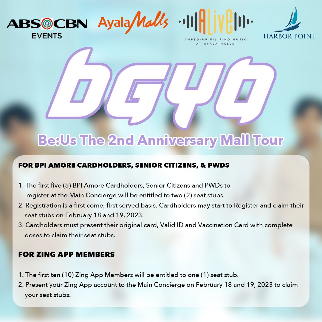harborpointmall's tweet photo. Are you guys Ready for our #ALiveSession with @bgyo_ph ? โ ๏ธโฅ๏ธโฃ๏ธโฆ๏ธ
Mention your 1st @ ACEs and together let's have an Amazing Time on February 19 at the Activity Center ๐งก๐
Swipe to see detailed Mechanics.
#ILoveHarborPoint #KeepAmazingGoing #ALiveSession #BGYO #ACEs #ACE https://t.co/QLiXmrvE20