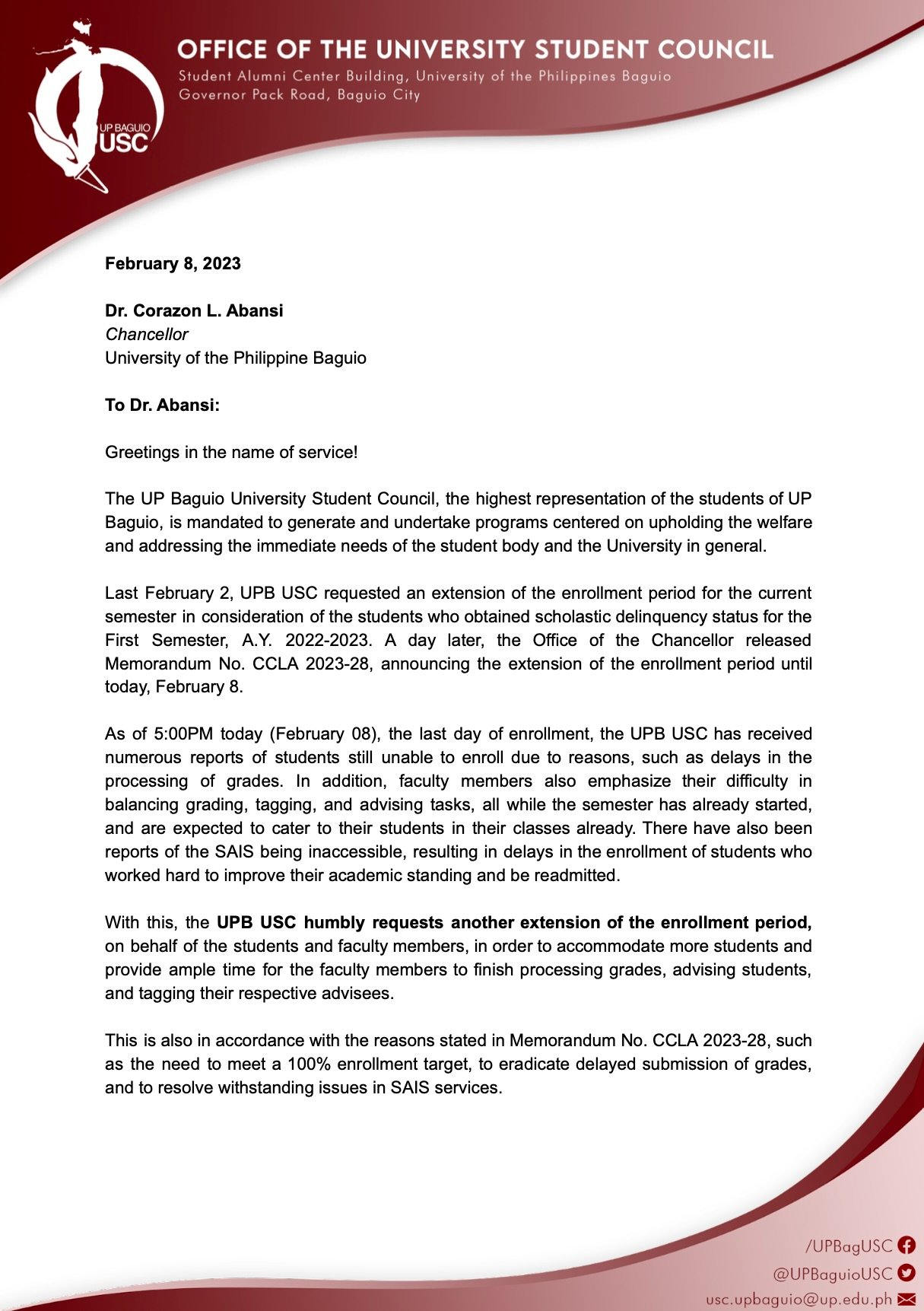 UP Baguio USC on Twitter: "LOOK: After receiving reports of inability