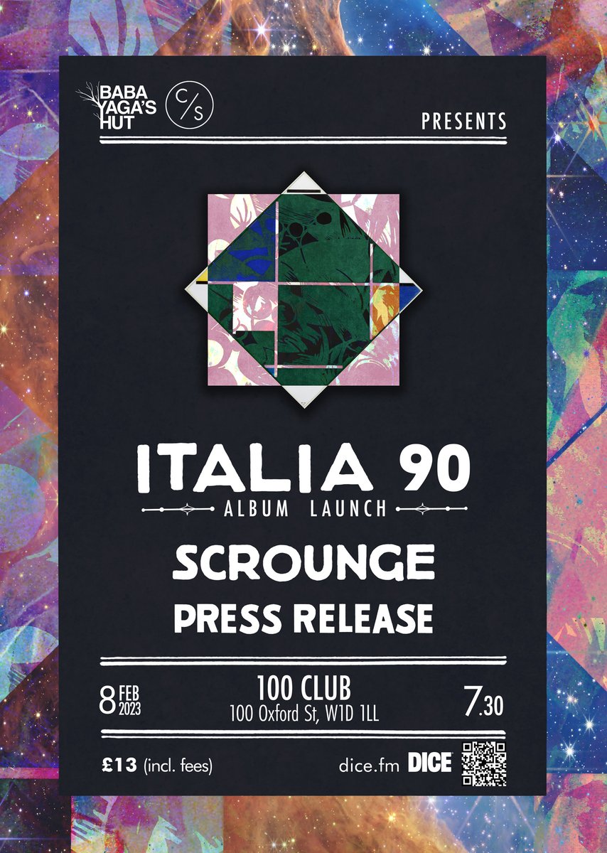 Stage times for @Italia90band album launch tonight at @100clubLondon! Doors - 7:30 Press Release: 8:00 @helloscrounge: 8:50 Italia 90: 9:40 Times be sharp so get down early! 20 tickets left looks like dice.fm/event/w7yev-it…