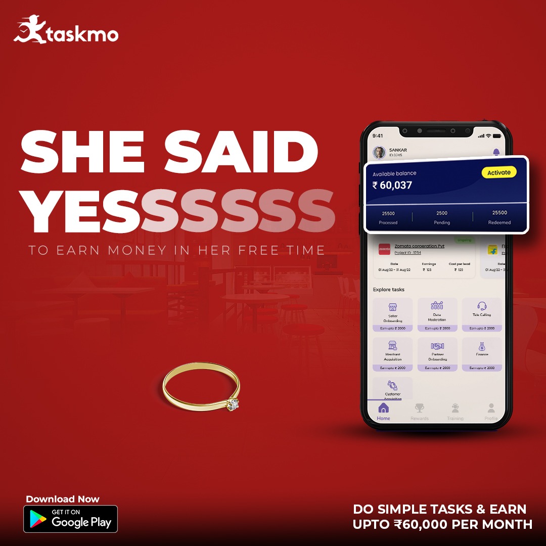 Say YES to earning today. 

Download Taskmo app and select What, When and Where YOU want to work. 

#gigwork #partimetimejob #moneyearningapp #jobs #jobsearching #jobforfreshers #proposeday #proposeday2023