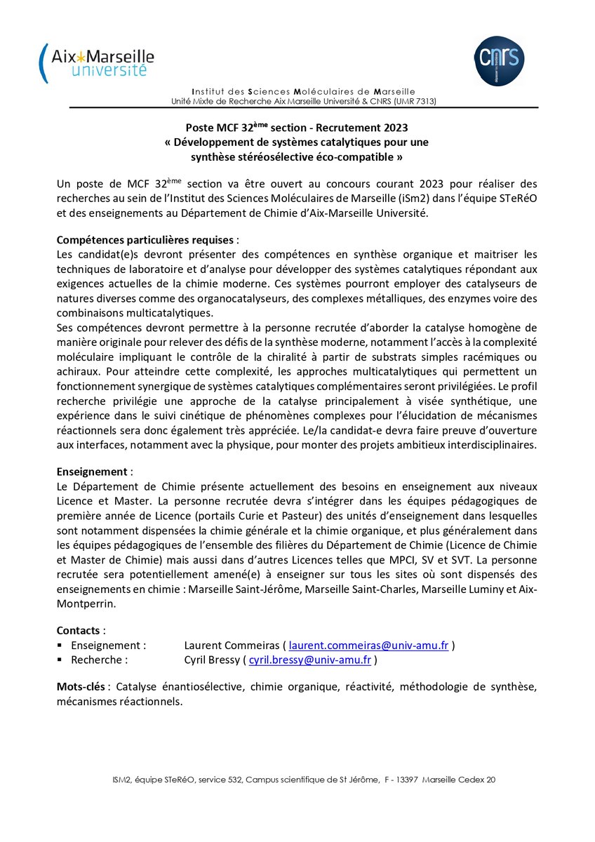 Nous recrutons une personne pour un poste MCF en 32ème section au concours 2023 dont le profil recherché est ci-joint. Les contacts mail sont dans le document. Please RT !