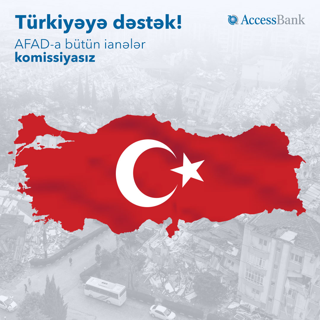 AccessBankAz's tweet photo. Türkiyə, yanındayıq!

AccessBank Azərbaycandan Türkiyə Fəlakət və Fövqəladə Hallar Departamentinin (AFAD) bank hesablarına edilən bütün köçürmə komissiyalarını üzərinə götürür. Qərar həm fiziki, həm də hüquqi şəxslərin ianələrinə şamil olunur. https://t.co/52A2k7g2QW