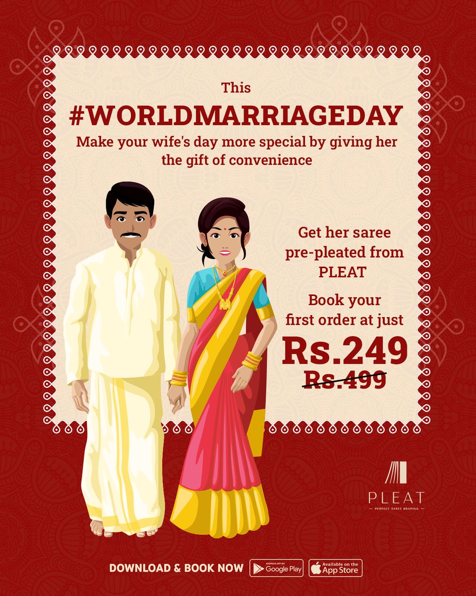 PleatOfficial's tweet image. Let this World Marriage Day all be about pampering your wife with the best😍
Pre-pleat her favourite saree at Pleat and watch her smile with joy🥰

Download 📲 the Pleat app now👇🏻

onelink.to/y7fqf8

Pick up and drop free!

📍Chennai

#saree #pleating #sareelove