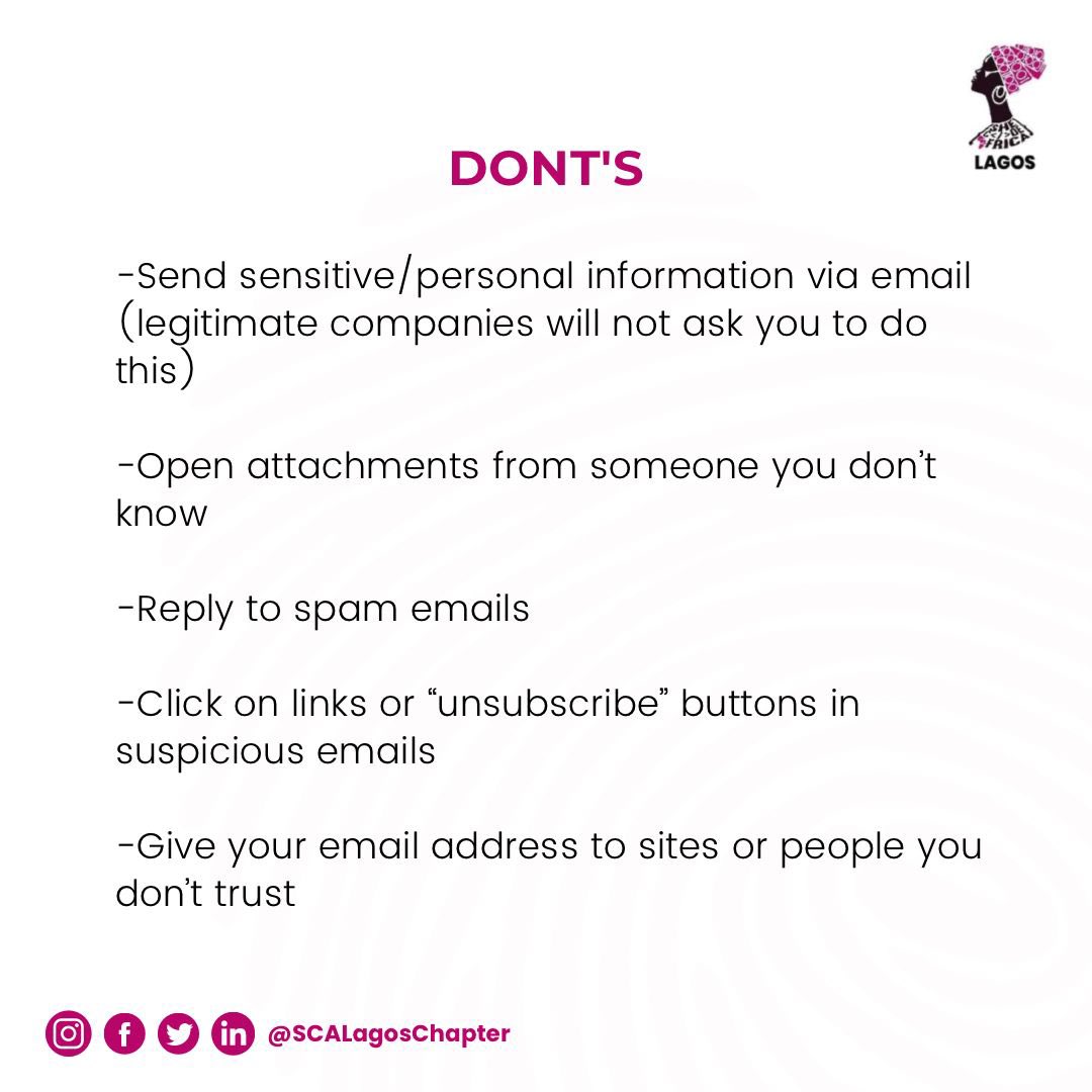 SCALagosChapter's tweet photo. It is another Tech Wednesday and we are bringing to you how to be Email safety conscious!!!. 

Here is a list of helpful tips! Don't forget to Follow, Like, Comment and Share

#emailsafety #tips #tech #techqueens #techwednesday #wednesday #scalagoschapter #scalagos #shecodeafrica https://t.co/6Ek3tT7IYz