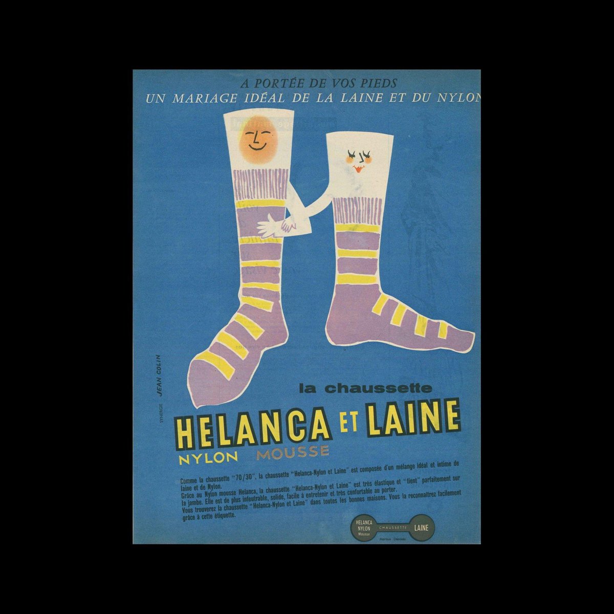 Helanca & Laine, Advertisement, 1957. Designed by Jean Colin. #jeancolin #vintageadvertising
designreviewed.com/artefacts/hela…