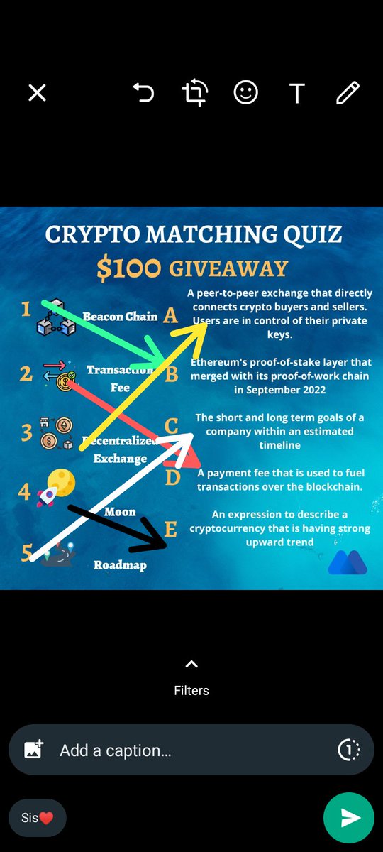 official_divv's tweet photo. @MEXC_Global MY ANSWERS 🙋
1️⃣Beacon Chain⛓️ = Option B
2️⃣Transaction fee💲 = Option D
3️⃣Decentralized Exchange🏦 = Option A
4️⃣Moon🚀🌕 = Option E
5️⃣Roadmap📃 = Option C
Following @MEXC_Global✅
@Hushpii2
@princevic0838
Tagged two friends 👆
#MexcGlobal #cryptoterms #findnextmoonshot https://t.co/cHHTFhpMo8