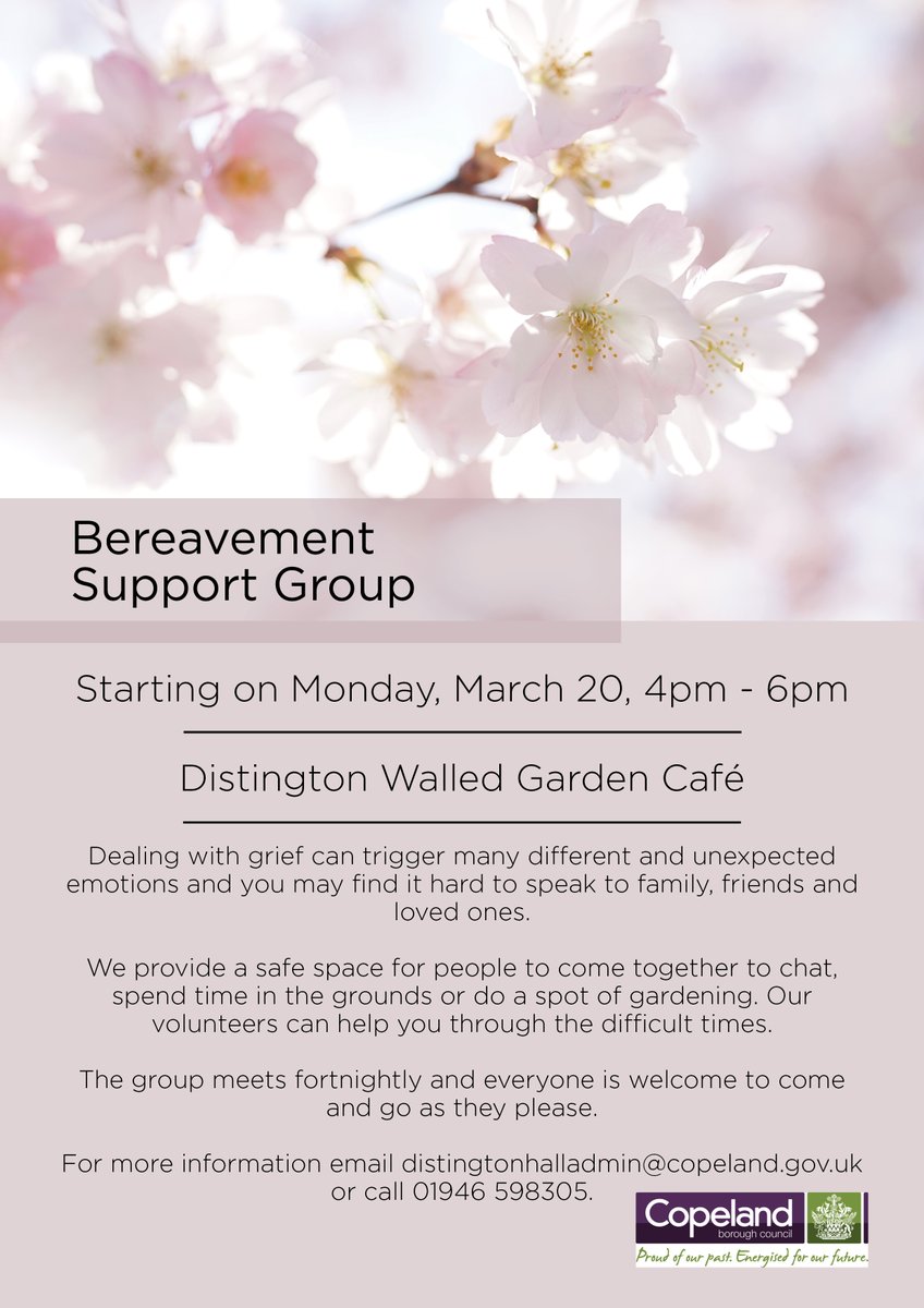 We will offer a fortnightly bereavement support group to residents - starting on March 20. 

The group will run from 4pm to 6pm at the soon to be open Distington Walled Garden café.

Find out more at copeland.gov.uk/node/50225