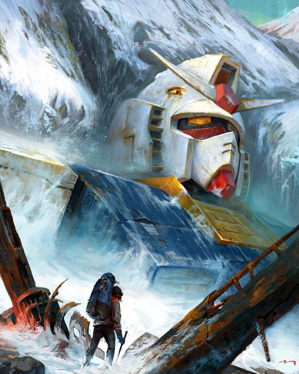 mecha robot snow science fiction mountain 1boy v-fin  illustration images