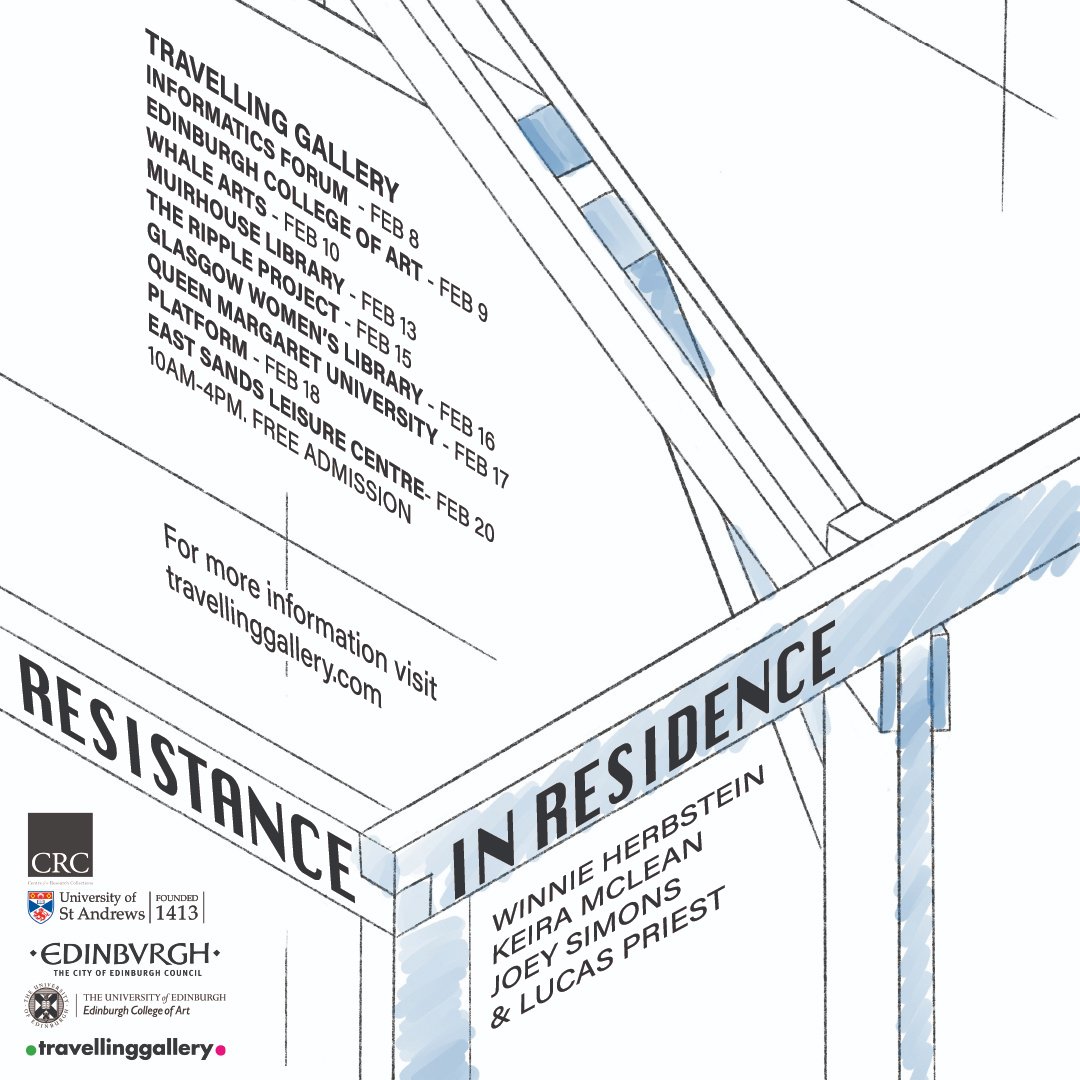 UoEArtColl's tweet photo. Open today @EdinburghUni campus. Featuring #WinnieHerbstein @JoeySimons8 #KeiraMcLean &amp; @LucasPriest11 'Resistance in Residence' is a new 
@travgallery exhibition about community-led actions for safe housing in Scotland. @InfAtEd  today and @eca_edinburgh tomorrow! 10-4pm. Free! https://t.co/FLN84uBKZP