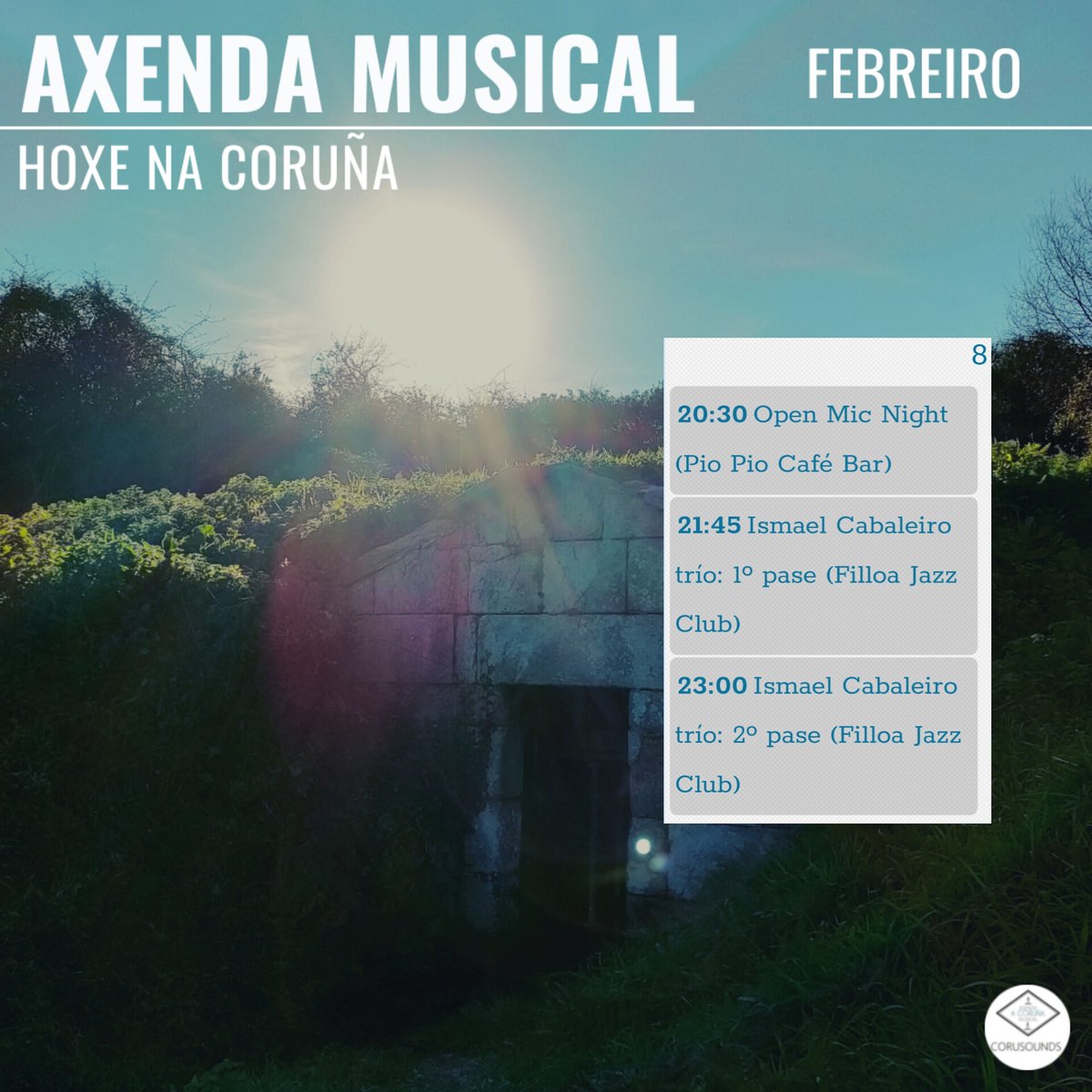 Hoxe na Coruña... 
.
.
.
Podes ver todos os concertos programados este ano en: corusounds.emiweb.es/agenda
#ACoruña #Coruña #AxendaMusical #AgendaMusical #Musica #Concertos #Concertos #Cultura #culturaparatodos #CulturaSegura