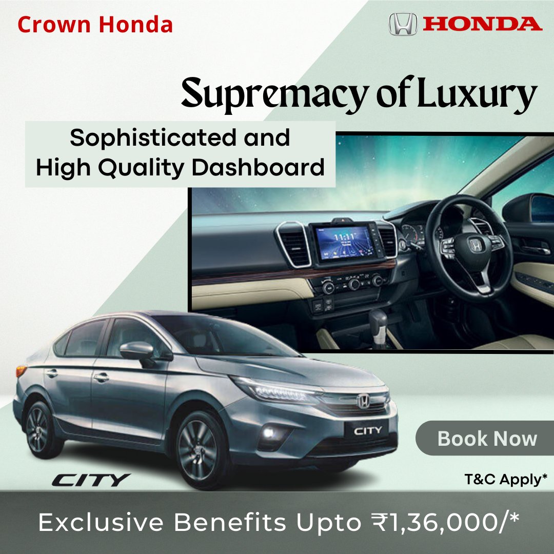 Ride in style with The Honda City's 'Supremacy of Luxury.' Experience the perfect balance of comfort, class and technology. Book now with Crown Honda.
#CrownHonda #HondaCity #InnovativeDriving #honda #hondacarsindia #newcar #drivehappy #25yearsofhondacity #supremacy