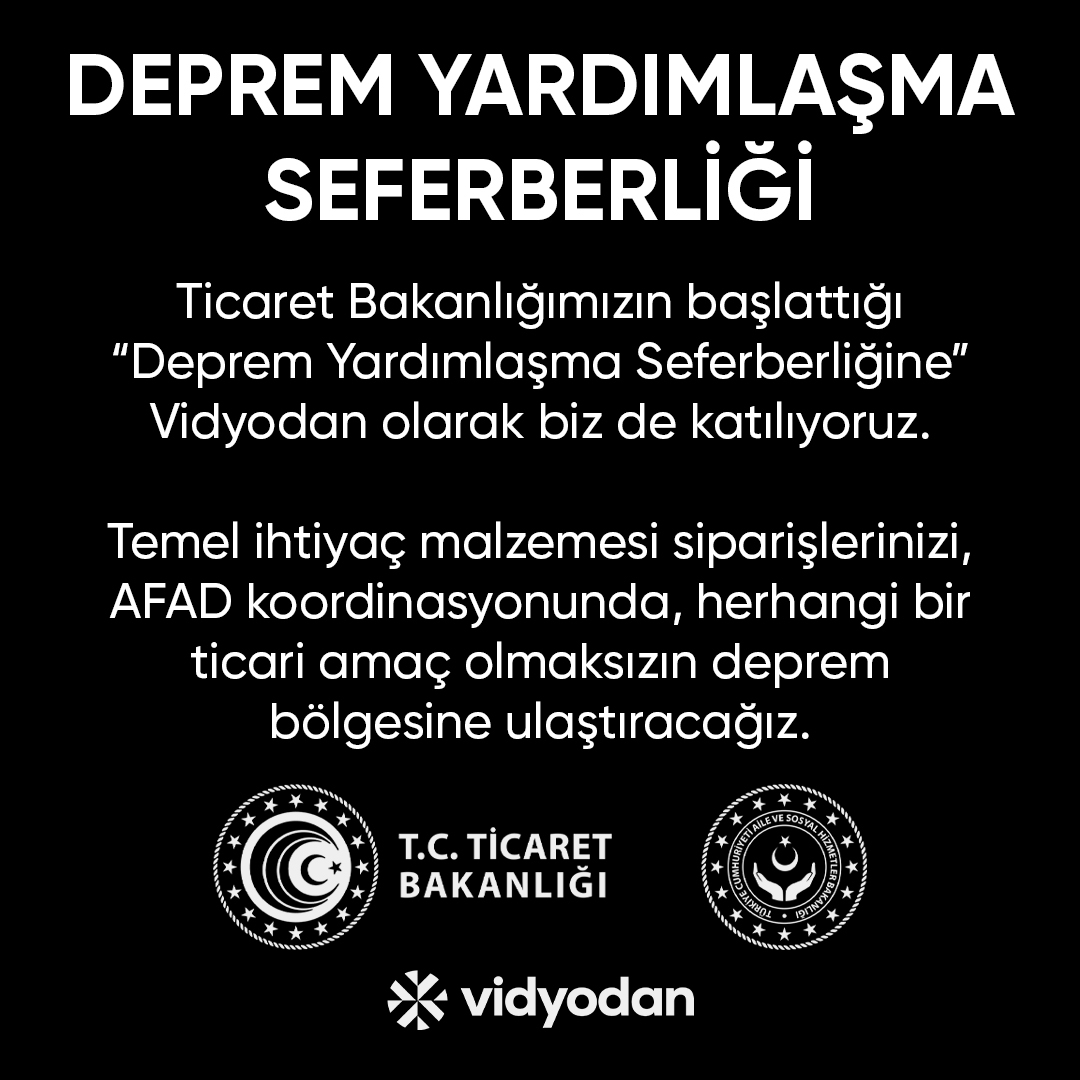 vidyodan's tweet photo. Ticaret Bakanlığımızın başlattığı “Deprem Yardımlaşma Seferberliği'ne Vidyodan olarak biz de katılıyoruz.

Temel ihtiyaç malzemeleri siparişlerinizi, AFAD koordinasyonunda, herhangi bir ticari amaç olmaksızın deprem bölgesine ulaştıracağız. https://t.co/UyHW7jbOnH