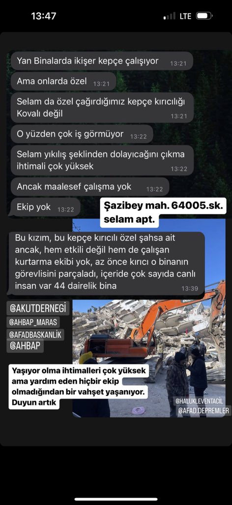 sozdemrs's tweet photo. @royzvasto Lütfen artık birileri yönlendirilsin, insanlar canlı canlı gömüldüler, ölüme terkedildiler. Sesleri geliyor ama yardım eden yok
@haluklevent  @ahbap_maras  @AFADBaskanlik @DepremDairesi @Kizilay https://t.co/3GapIWRTJz
