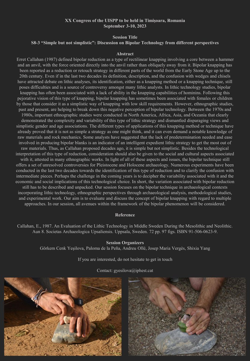 Palomadelalasca's tweet photo. Dear All,
We are organizing a session on Bipolar Technology at the next UISPP (XX Congress of the UISPP to be held in Timişoara, Romania).
You can find the abstract of the session in this link: https://t.co/XBWwIGH9sp
#simplebutnotsimplistic https://t.co/YzGAjHYjcx
