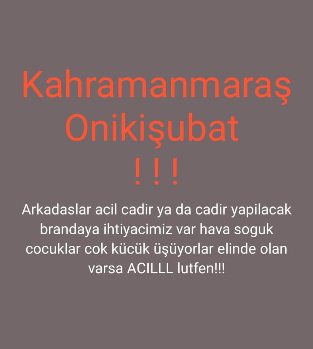 Hanne Altunışık (@hbaltnsk) on Twitter photo Küçük çocuklu arkadaşımdan... Çadırlara ihtiyaçları varmış lütfen paylaşın!
<a href="/AFADBaskanlik/">AFAD</a> <a href="/DepremDairesi/">AFAD Deprem</a> <a href="/AFAD_gonullu/">AFAD Gönüllülük Sistemi</a> <a href="/OguzhanUgur/">Oğuzhan Uğur</a> <a href="/ProfDemirtas/">Özgür Demirtaş</a> <a href="/haluklevent/">Haluk Levent ( Ahbap Ekibi )</a> <a href="/ahbap/">Ahbap</a> @ahbap_insanlik Küçük çocuklu arkadaşımdan... Çadırlara ihtiyaçları varmış lütfen paylaşın!
<a href="/AFADBaskanlik/">AFAD</a> <a href="/DepremDairesi/">AFAD Deprem</a> <a href="/AFAD_gonullu/">AFAD Gönüllülük Sistemi</a> <a href="/OguzhanUgur/">Oğuzhan Uğur</a> <a href="/ProfDemirtas/">Özgür Demirtaş</a> <a href="/haluklevent/">Haluk Levent ( Ahbap Ekibi )</a> <a href="/ahbap/">Ahbap</a> @ahbap_insanlik