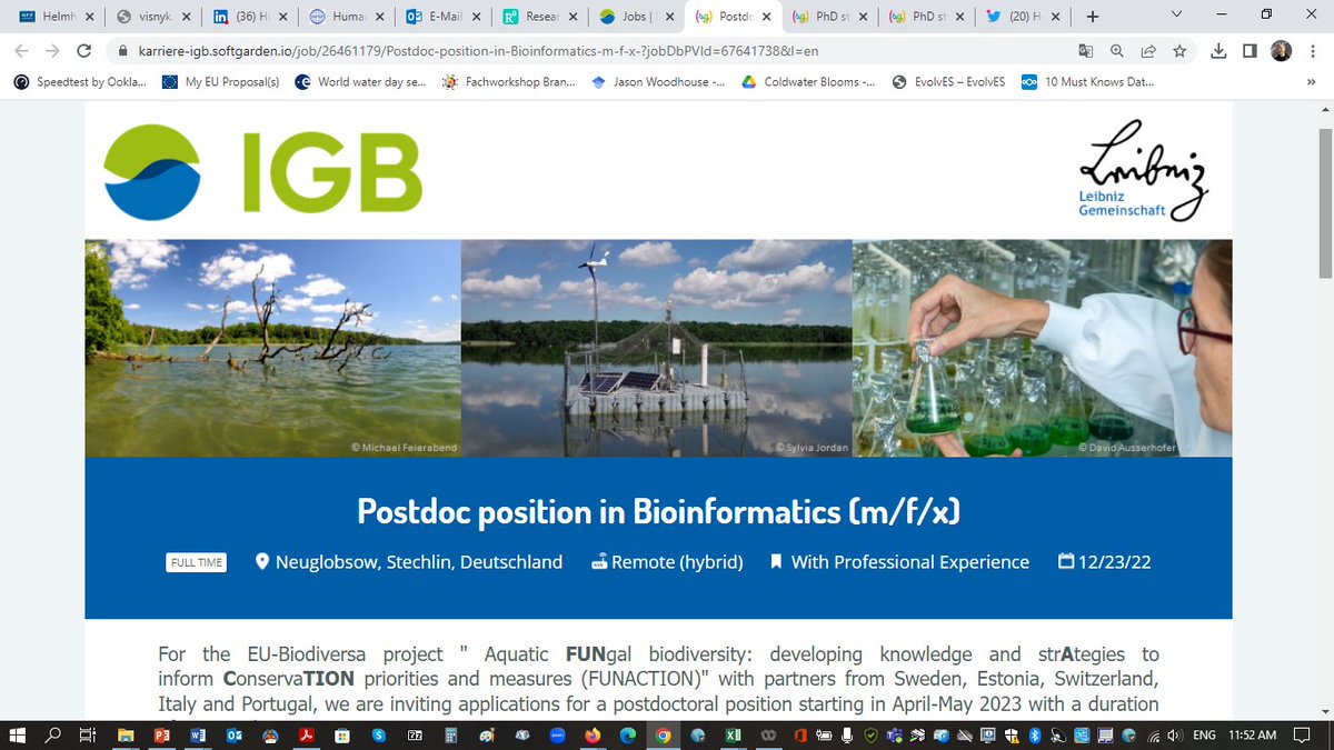 Hans-Peter Grossart (@hpgrossart) on Twitter photo I am happy to announce 1 postdoc position and 2 PhD positions in our labs at IGB in the fields of metagenomics and eDNA analyses of both aquatic fungi and bacteria:
Postdoc
karriere-igb.softgarden.io/job/26461179/P…
PhDs
karriere-igb.softgarden.io/job/28426380/P…
karriere-igb.softgarden.io/job/28424840/P… I am happy to announce 1 postdoc position and 2 PhD positions in our labs at IGB in the fields of metagenomics and eDNA analyses of both aquatic fungi and bacteria:
Postdoc
karriere-igb.softgarden.io/job/26461179/P…
PhDs
karriere-igb.softgarden.io/job/28426380/P…
karriere-igb.softgarden.io/job/28424840/P…