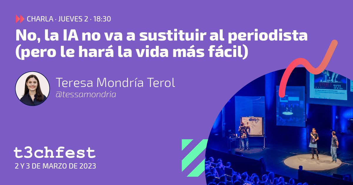 tessamondria's tweet image. Os recuerdo que el 2 de marzo a las 18:30 tenemos una cita para hablar de IA en periodismo en el @T3chFest!

¿Es periodismo un texto creado por ChatGPT? ¿Cómo va a cambiar la figura de reportero? ¿Qué medios están usando ya IA y para qué?

Si me queréis ver en el auditorio 👇
