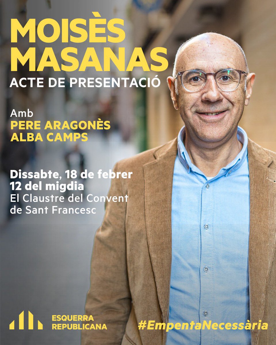 🟡🗣️ Vine a la presentació de Moisès Masanas, candidat a l'alcaldia de #Berga per <a href="/Esquerra_ERC/">Esquerra Republicana</a>

📆 Dissabte, 18 de febrer
⏰ A les 12 del migdia
📍 El Claustre del Convent de Sant Francesc

👥 Amb el president de la Generalitat, <a href="/perearagones/">Pere Aragonès i Garcia</a>, i <a href="/RocaCamps/">Alba</a>

#EmpentaNecessària