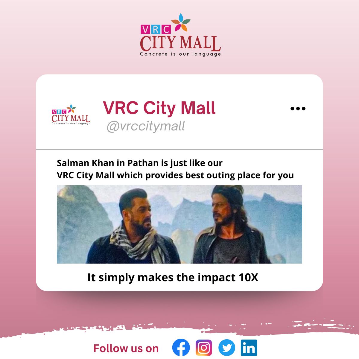 vrccitymall's tweet photo. VRC city mall offers you the best outing place for making your Impact 10X.
Watch #pathaan in PVR at @vrccitymall
#vrc #vrcgroup #vrcitymall #shopping #shoppingstore #visitus #pathaan #salmankhan #srk #momentmarketing
#mustvisit #punjab #vrccitymall #vrcmall #pvr #cityma https://t.co/8alBZtF1It