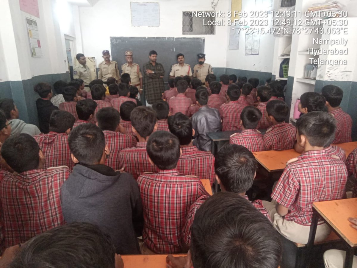 On 08-02-2023 Sri V Bhanu Prakash Reddy SI along with staff of PS Habeebnagar conducted community awareness programme and explained about Cyber crime, Gutka, Ganja and 100 dial, precautions of Covid-19 Variant BF.7 at Sunshine School, Aghapura, Hyd.