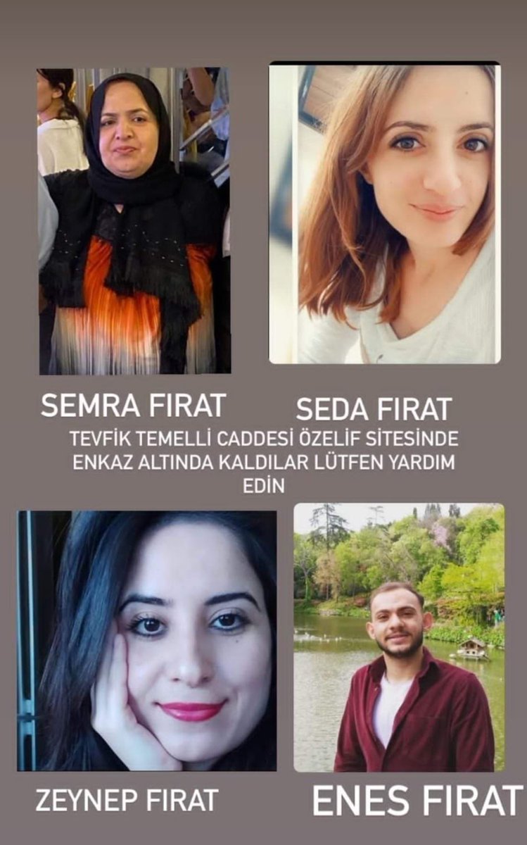 Arkadaşımın kuzenleri, enkazdan çıktı ama bulunamıyor. Fırat soyadlılar. Gören bilen? #ahbap #AhbapDernegi <a href="/gulbenergen/">Gülben Ergen</a> <a href="/OguzhanUgur/">Oğuzhan Uğur</a>