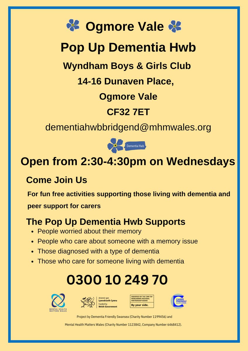 MHMWales's tweet photo. 🧐📅New dates for your diary!
-Ogmore Vale Pop Up Dementia Hwb 2:30-16:30 every Wednesday
-Dementia Hwb Rights Workshop every second Wednesday of the month 13:30-15:00 in our Bridgend Hwb.
#dementiaproject #dementiaservices #hwblife #joinourhwb #dementia @BridgendHwb @ctmrpb https://t.co/5byvUFRivW