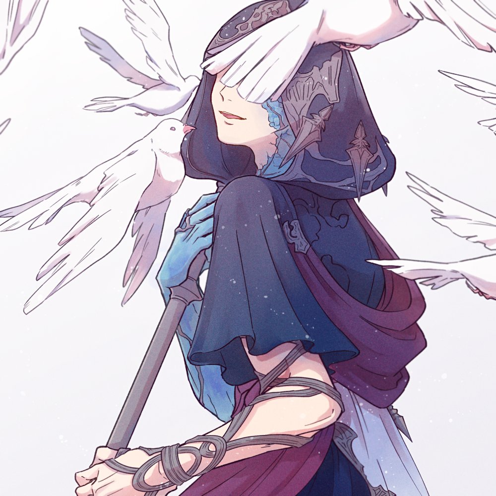 bird covered eyes hood holding staff solo white background  illustration images