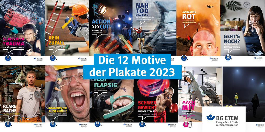 BG_ETEM's tweet photo. Die #BGETEM #Plakate 2023 sind da – zwölf Motive machen mit klaren Botschaften auf Gefahren bei der Arbeit aufmerksam. Jetzt kostenlos bestellen unter: https://t.co/NCwYdN2J8k #prävention #arbeitssicherheit https://t.co/VZbr4Fh23S