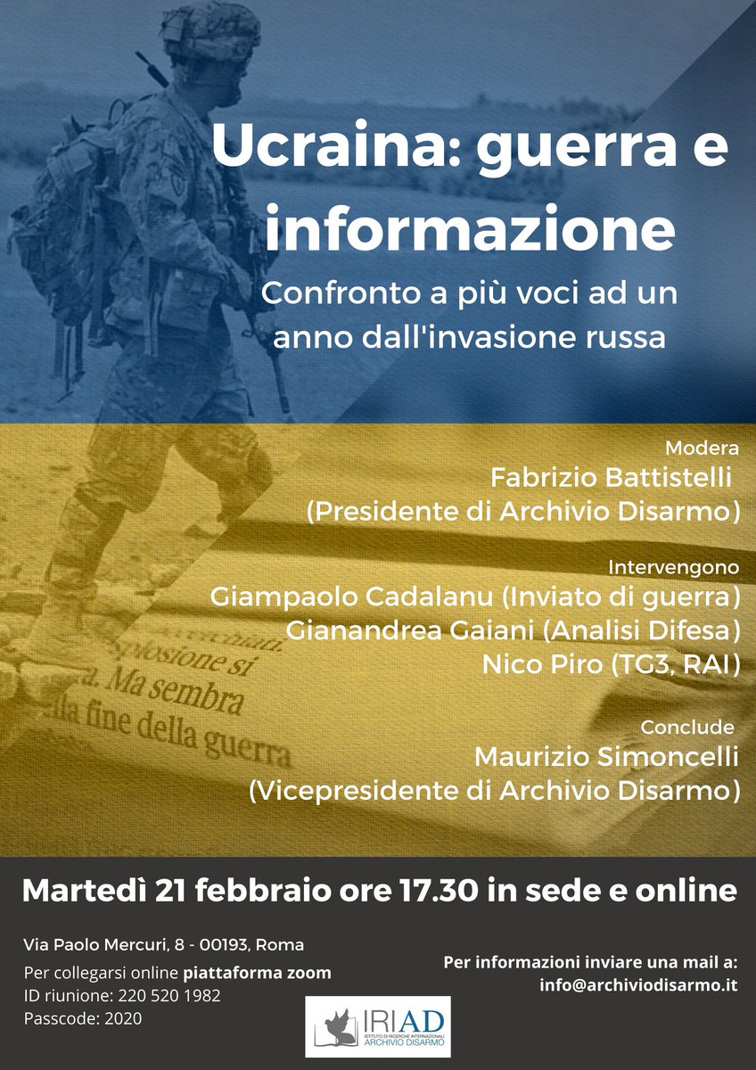 ArchivioDisarmo's tweet photo. 📢📢 SAVE THE DATE 📢📢

📌A quasi un anno dall'invasione russa dell'Ucraina, ci teniamo a invitarVi a un incontro di approfondimento sul rapporto tra guerra e informazione. 

🔥Con noi saranno presenti  
@cadagp, @GianandreaGaian e @_Nico_Piro_ !

#peace #nowarinukraine 

👇👇👇 https://t.co/eyySKUOBUo