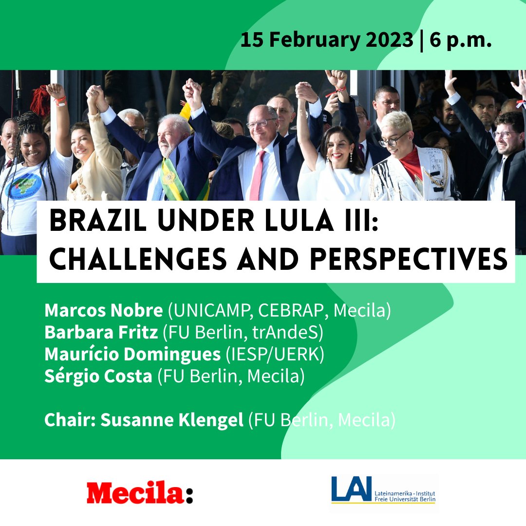 The Institute of Latin American Studies (FU Berlin) and Mecila will hold a talk on 15 February about the challenges and perspectives posed to Brazil under the rule of Lula during his third term as president. 

More information: ow.ly/LmmJ50MJ3JB