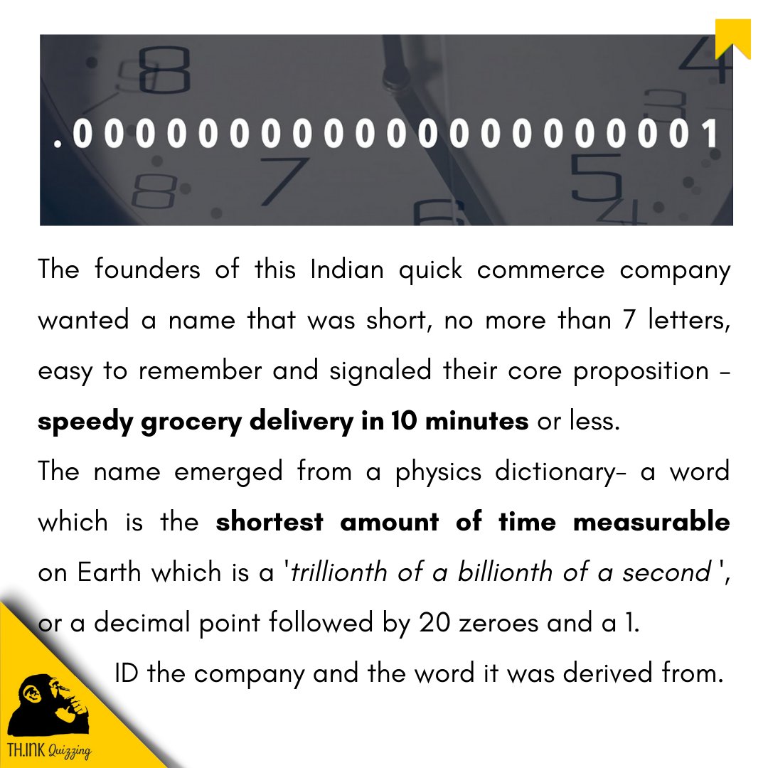 Quiz 1325) From the 'Master Minds -2' Quiz.
ID this Indian quick commerce company whose name is derived from the 'shortest unit of time' measurable on Earth. 

#thinkquizzing #quiz #quizmaster #questionoftheday #ecommerce #quickcommerce #retail #retailing #indianretail #time