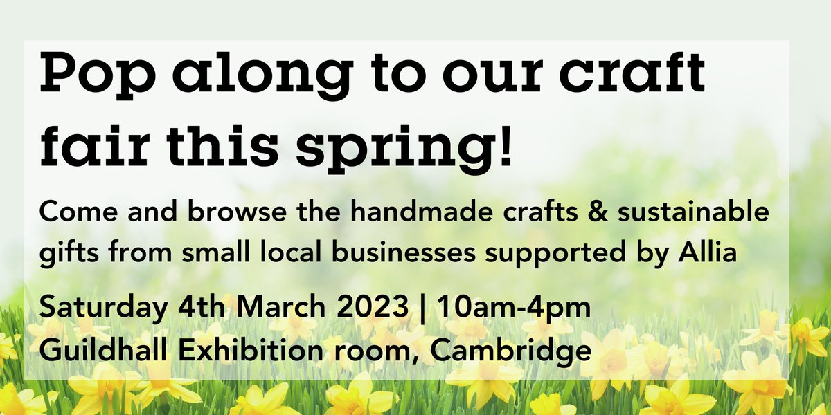 Allia (@weareallia) on Twitter photo Come along to our craft fair!
When? Saturday 4th March 10am - 4pm
Where? Allia's Guildhall exhibition room
No need to book; just pop by to browse the handmade crafts and sustainable gifts from our small business community! 👋
Got questions? Email hello@futurebusinesscentre.co.uk Come along to our craft fair!
When? Saturday 4th March 10am - 4pm
Where? Allia's Guildhall exhibition room
No need to book; just pop by to browse the handmade crafts and sustainable gifts from our small business community! 👋
Got questions? Email hello@futurebusinesscentre.co.uk