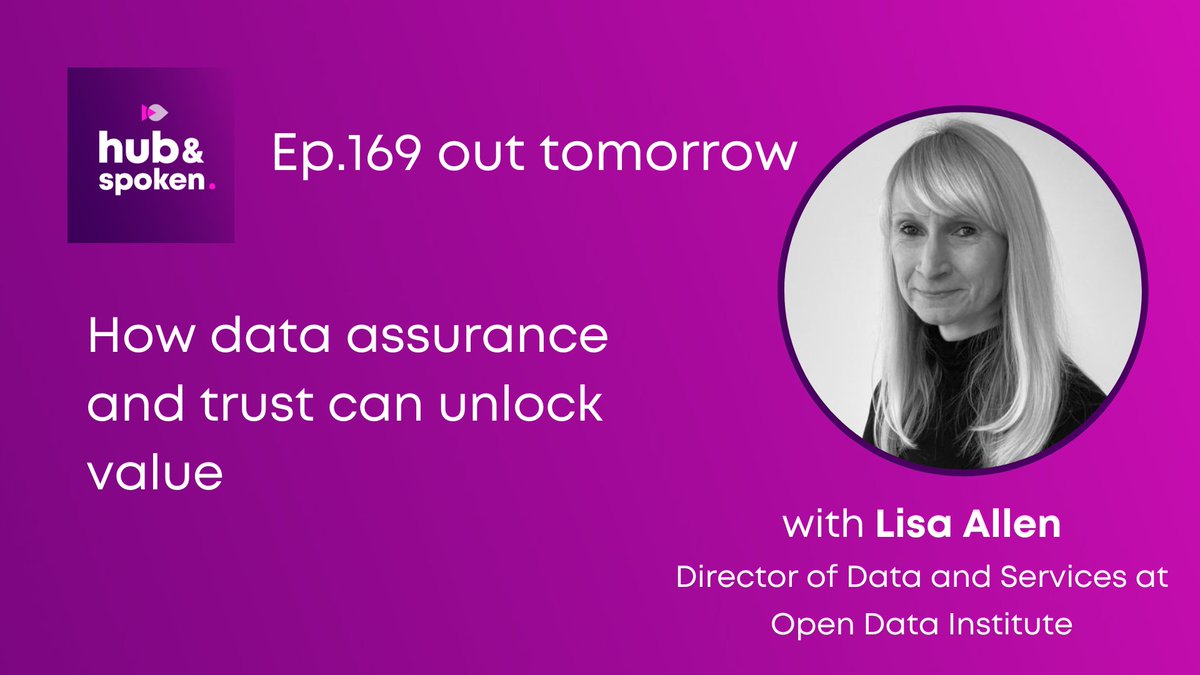 Looking forward to Ep.169 out tomorrow with <a href="/I_am_LisaAllen/">Lisa Allen</a>, the Director of Data and Services at <a href="/ODIHQ/">Open Data Institute</a>. 
<a href="/mrjasonbfoster/">Jason Foster</a> and Lisa discuss how data assurance and trust can create a world where data is used to create a greater impact outside an individual organisation