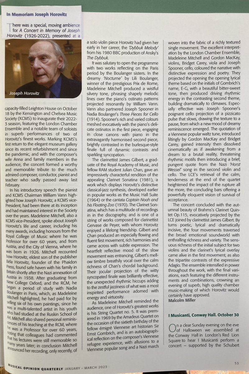 Delighted to receive this lovely review in #MusicalOpinion Jan-Mar ‘23 of @LonChamberEns @KCMS2 @LeightonHouse_ Joseph Horovitz, Brahms, Boulanger, before our concert tmrw on the anniversary of the composer’s death @ACF_London. Prof c60 yrs @RCMLondon & @PRSforMusic board member