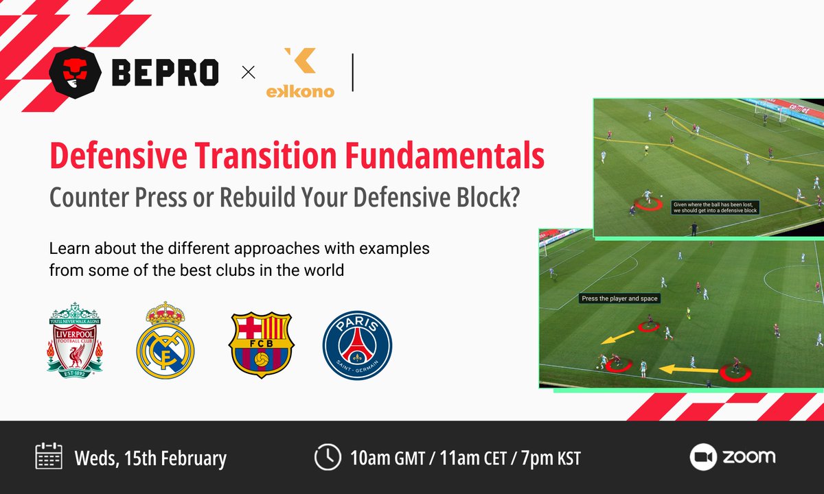 Bepro_EN's tweet photo. 🚨 Free webinar alert 🚨

Defensive Transition Fundamentals

Alongside football experts @ekkonomethod, we will show how your team can improve how you play when you lose the ball.

15th Feb 7pm KST/11am CET

Sign up 👉 https://t.co/6fLCVn27dv

#webinar #footballcoaching #education https://t.co/kKQxyJmWKT