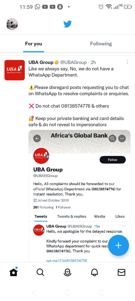 KianoOil's tweet photo. @UBAGroupcfc0 @UBAGroup Is it not this same number we are told not to answer... Pls make the real @UBA come out o https://t.co/37934byL0W