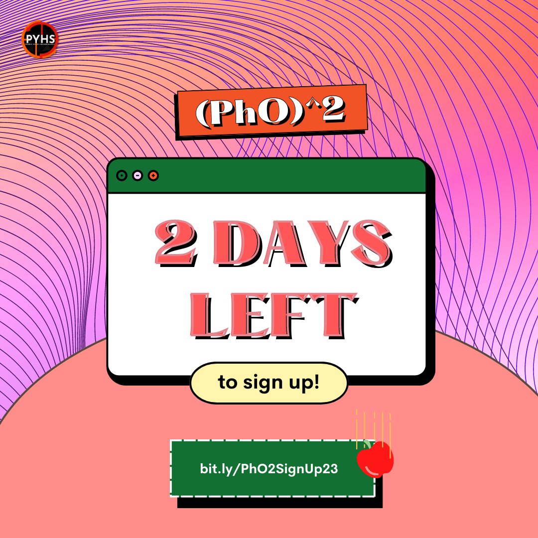 pyhs_pshsmc's tweet image. It&apos;s your time to shine like light 🌟 in Physics!

There&apos;s 😱 2 days 😱 left to register for (PhO)^2, so join now!

Read more about the guidelines and register using the link below:
Guidelines: bit.ly/PhO2Guidelines…
Registration: bit.ly/PhO2SignUp23

Good luck and have fun!