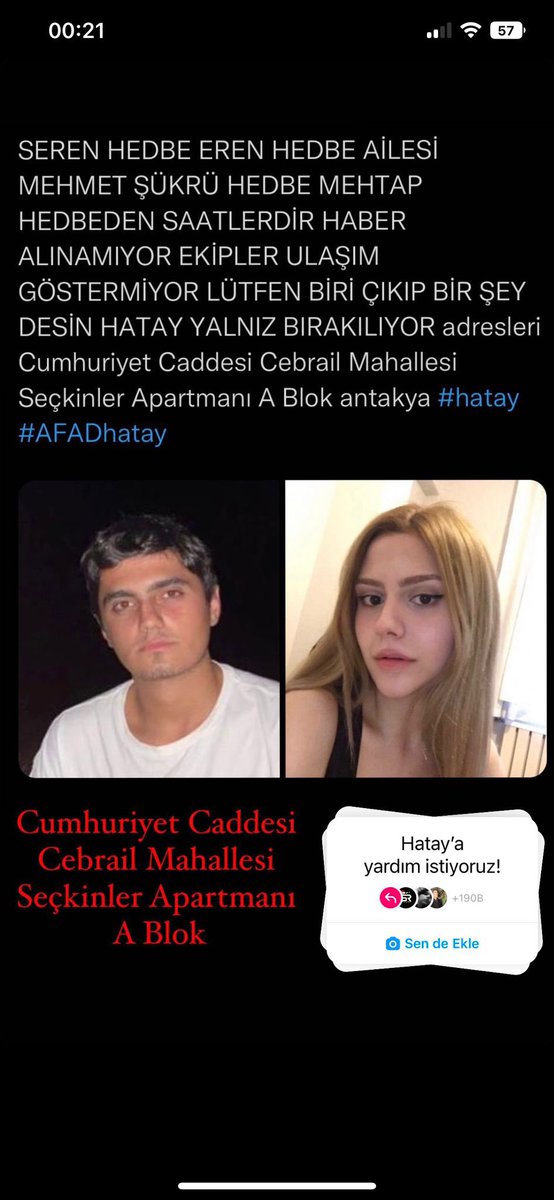 BerkayK16916591's tweet photo. Enkaz altında bir aile mevcut içeriden sesleri geliyormuş profesyonel yardıma ihtiyaçları var enkaz çalışmaları için
Adres: Cumhuriyet CaddesiCebrail Mahallesi  Seçkinler Apartmanı A Blok
İletişim numaraları mevcut ulaşabilirsiniz https://t.co/A4qrNOEE4w