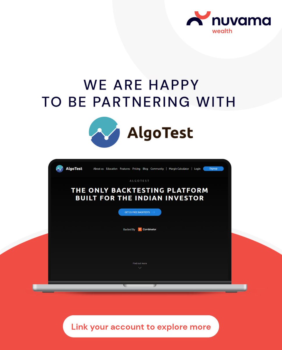 Nuvama_Wealth's tweet image. Our new partner, @AlgoTest_in is a DIY platform where you can build, backtest and deploy trading strategies, all without having to write any code! All you need to do is connect your Nuvama account to AlgoTest by going here: algotest.in/broker

#Trading #Test #PlatformPartner
