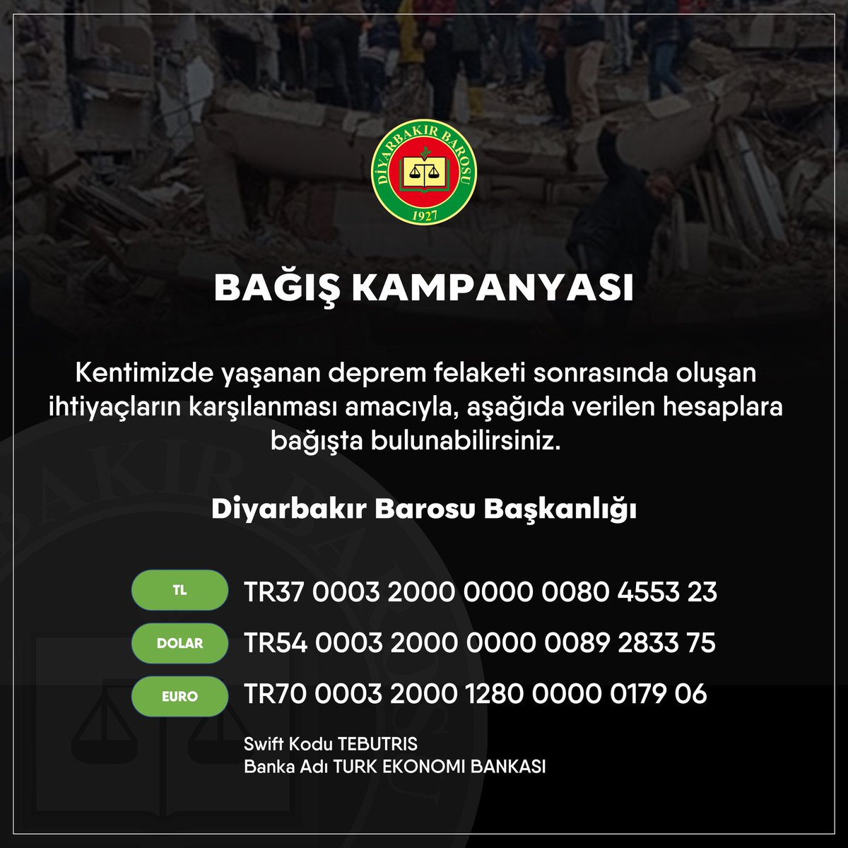 dbcocukhaklari's tweet photo. Kentimizde yaşanan deprem felaketi sonrasında oluşan ihtiyaçların karşılanması amacıyla, aşağıda verilen hesaplara bağışta bulunabilirsiniz. https://t.co/9PRbCEOvFq