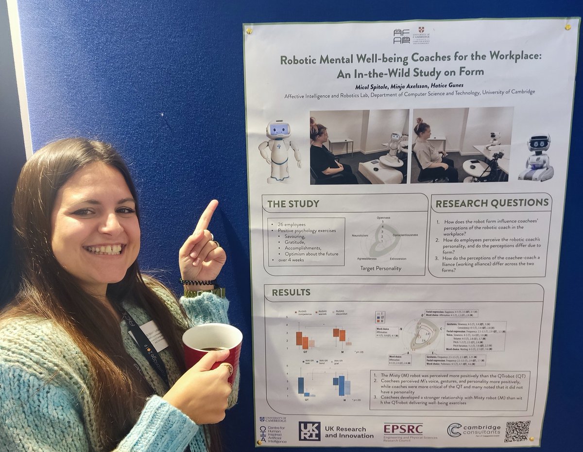 🥳 Glad to share our work on "Robotic Mental Well-being Coaches for the Workplace: An In-the-Wild Study on Form" at the launch of the new Centre for Human Inspired Artificial Intelligence (#CHIA) in Cambridge 🙌🏼🙌🏼 <a href="/HatijeGyunesh/">Hatice Gunes</a>, <a href="/minjaaxelsson/">@minjaaxelsson@bsky.social</a>, <a href="/AFAR_Cambridge/">Cambridge Affective Intelligence and Robotics Lab</a>!!