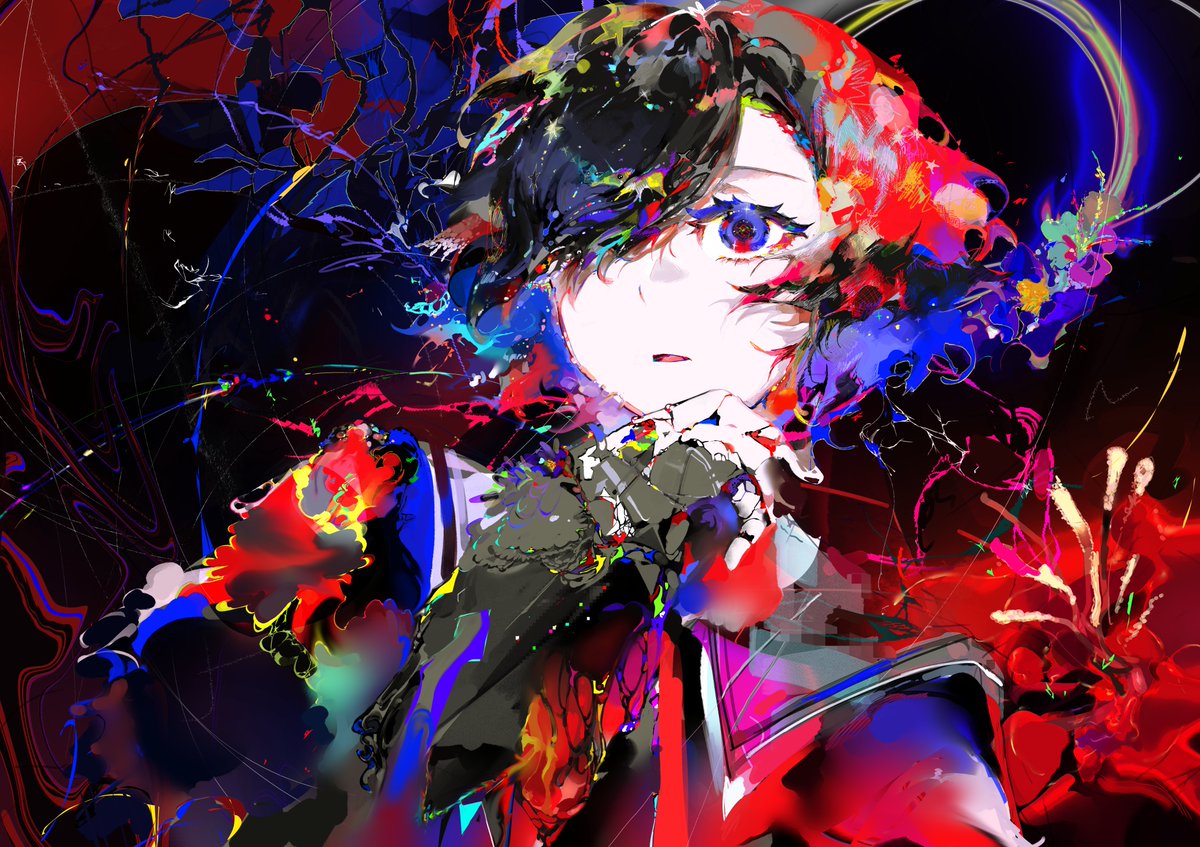 solo flower short hair colorful black hair looking at viewer red flower  illustration images