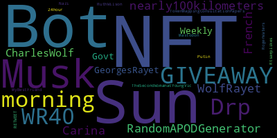 infokalyptisch's tweet photo. Trending in my timeline now: #NFT (3) #Sun (2) #Bot (2) #Musk (2) #GIVEAWAY (1) #morning (1) #Drp (1) #WR40 (1) https://t.co/qEWz1A9oVM