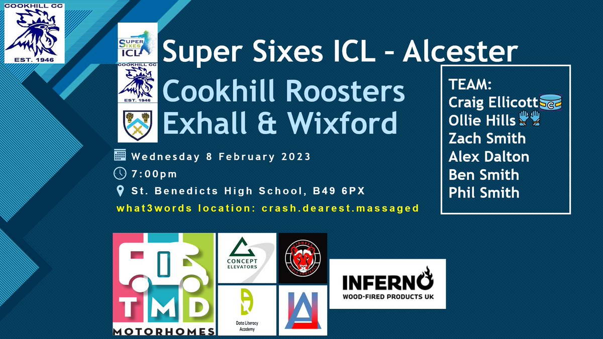 🏏GAME DAY!🏏

This evening, <a href="/CookhillCC/">Cookhill CC</a>  commence their <a href="/supersixesicl/">Super Sixes ICL</a> campaign in Alcester with a fixture against <a href="/ExhallCC/">Exhall & Wixford CC</a> 

Go well chaps!

Thanks to our gold sponsors TMD Motorhomes 🚚

#YouuuRoosters 🏏🐔🐓