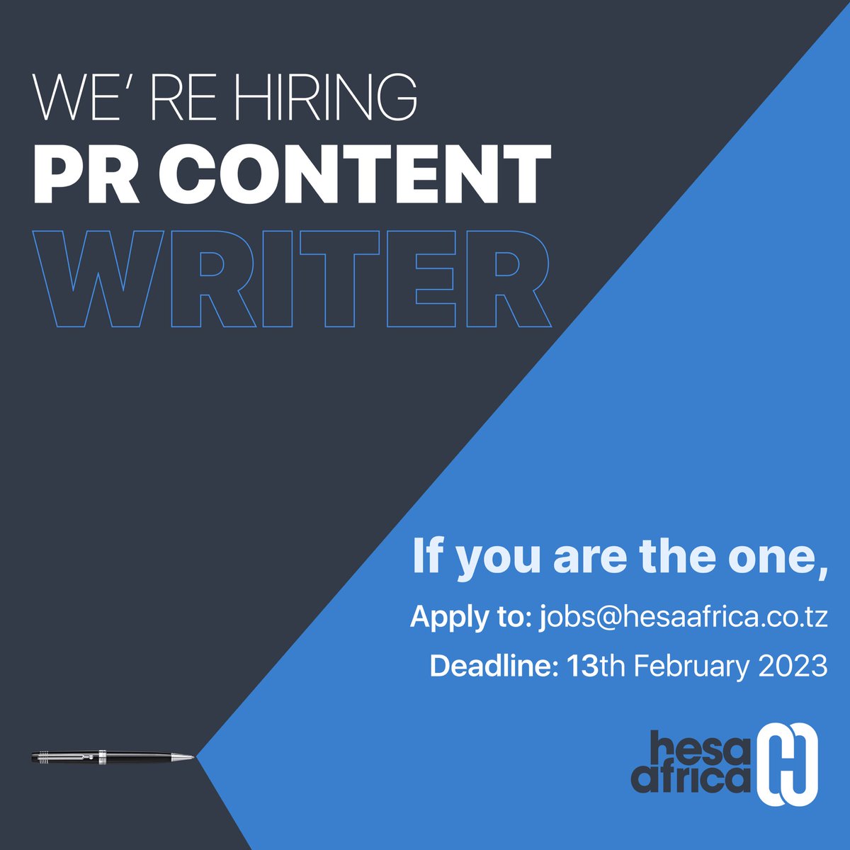 We are looking for a reliable, energetic and courteous Pr content writer to join our team.

Apply to: jobs@hesaafrica.co.tz
Deadline: 13th February 2023