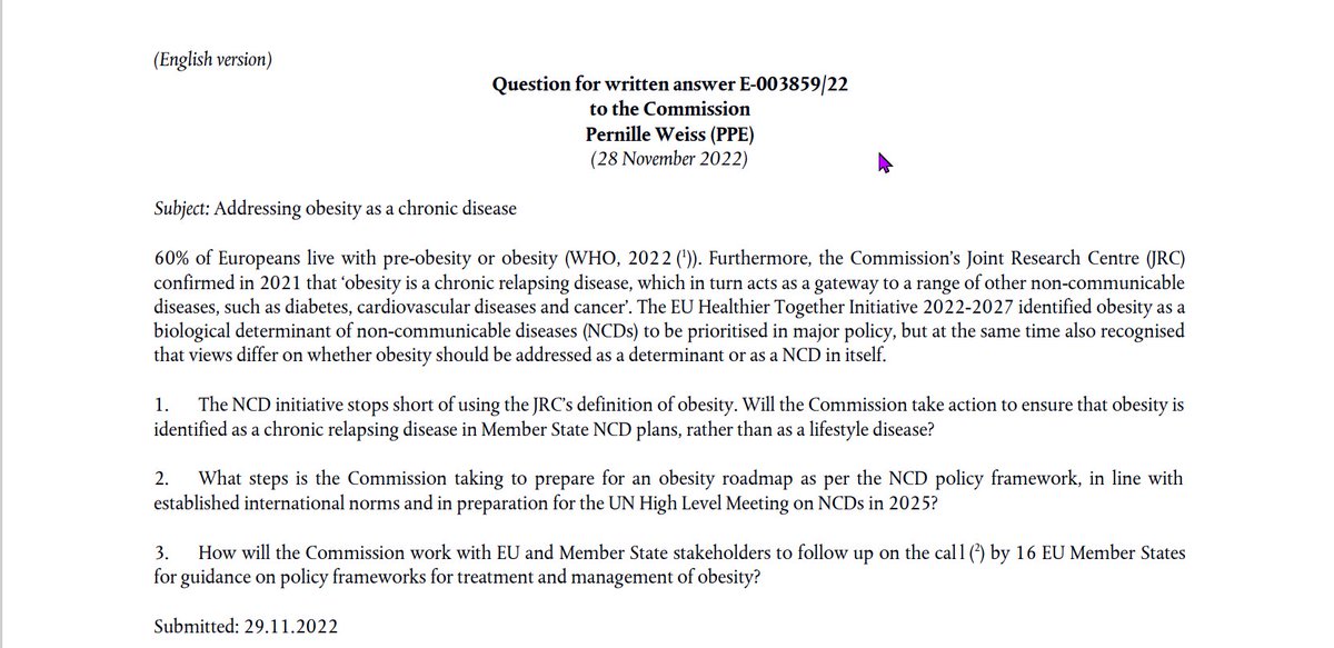 Mixed feelings: @SKyriakidesEU response to @WeissPernille  #WrittenQ  on plans 4 #HealthierTogether #ObesityNCDRoadmap B4 #UNGANCD2025 
😒 No immediate plans for #ObesityNCDRoadmap
👏 #EUChildhoodObesityStrategy evaluation confirmed
@EP_Environment 
bit.ly/3ldC2Vb