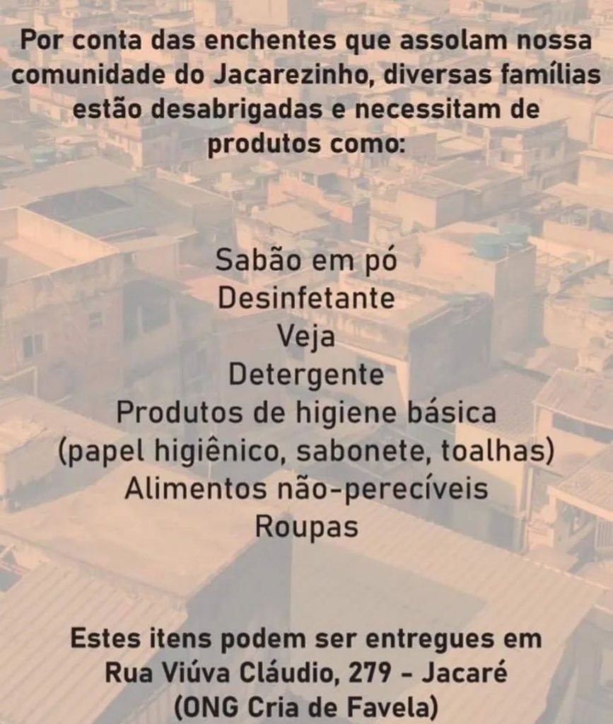 PretaFani's tweet photo. A @ongcriadefavela está recebendo doações que fica em sua Sede no endereço Rua viúva Cláudio 279 - Jacaré. 
A Paróquia Padre Nelson e a Quadra da Unidos do Jacaré está abrigando as pessoas e também recebendo doações. https://t.co/TQesOvPTOg