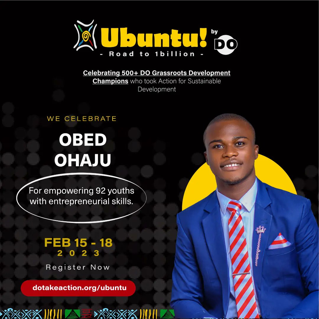 do_takeaction's tweet photo. @iam_ohajuobed is a Grassroots Development Champion passionate about helping young people discover and pursue their purpose early.
To see more of Obed,register for DOs upcoming conference with the link below. 
https://t.co/P9lIjvBjI9
#DoTakeAction  #UbuntuRoadTo1Billion https://t.co/eoVibO04Cg