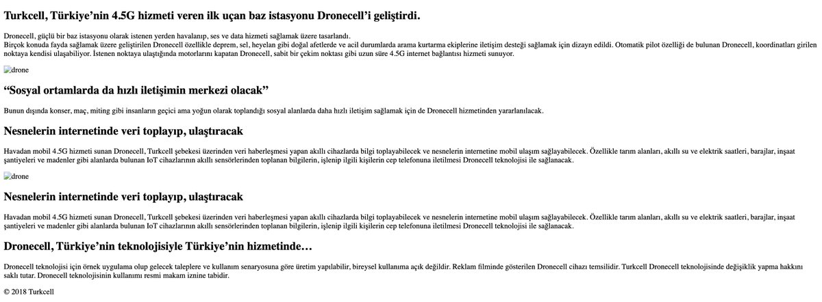 DeathSyStem's tweet photo. @Turkcell 'in şaşalı reklam filmleriyle duyurduğu Dronecell'i şu ana kadar gören eden yok. Zaten ilgili sayfayı da kaldırmış. Kaldırılmadan önce sayfada bunlar yazılıyordu, yazıklar olsun! https://t.co/qlOrHNNKBl